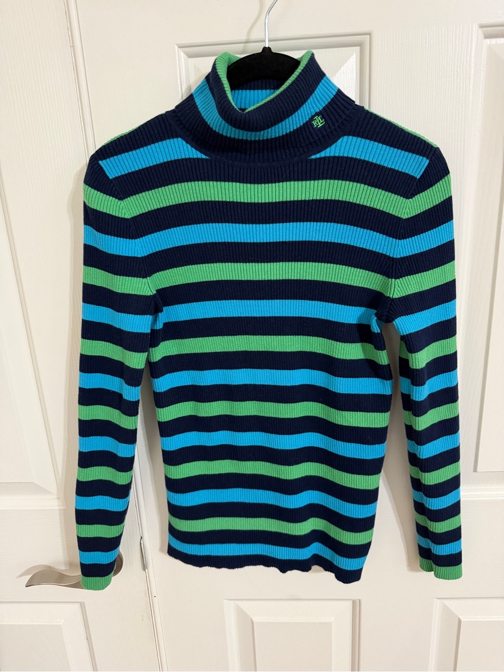 Lauren Ralph Lauren M Navy Blue Green Striped Cotton Ribbed Turtleneck Sweater